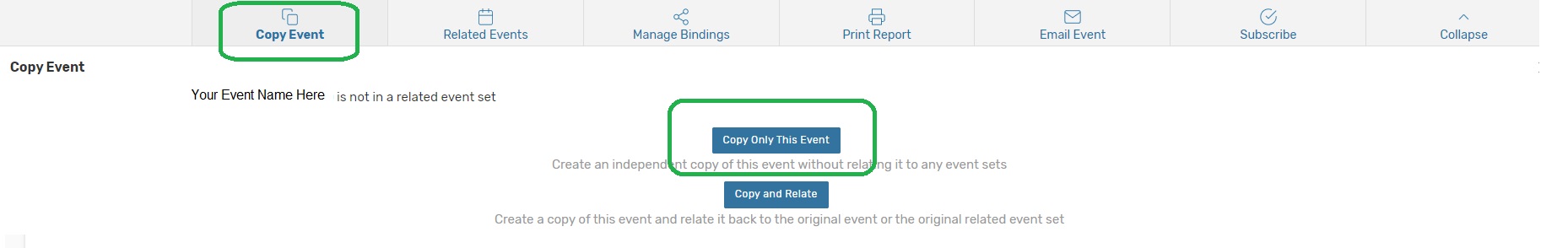 Selecting More Options, selecting Copy Event, and selecting Copy Only This Event.